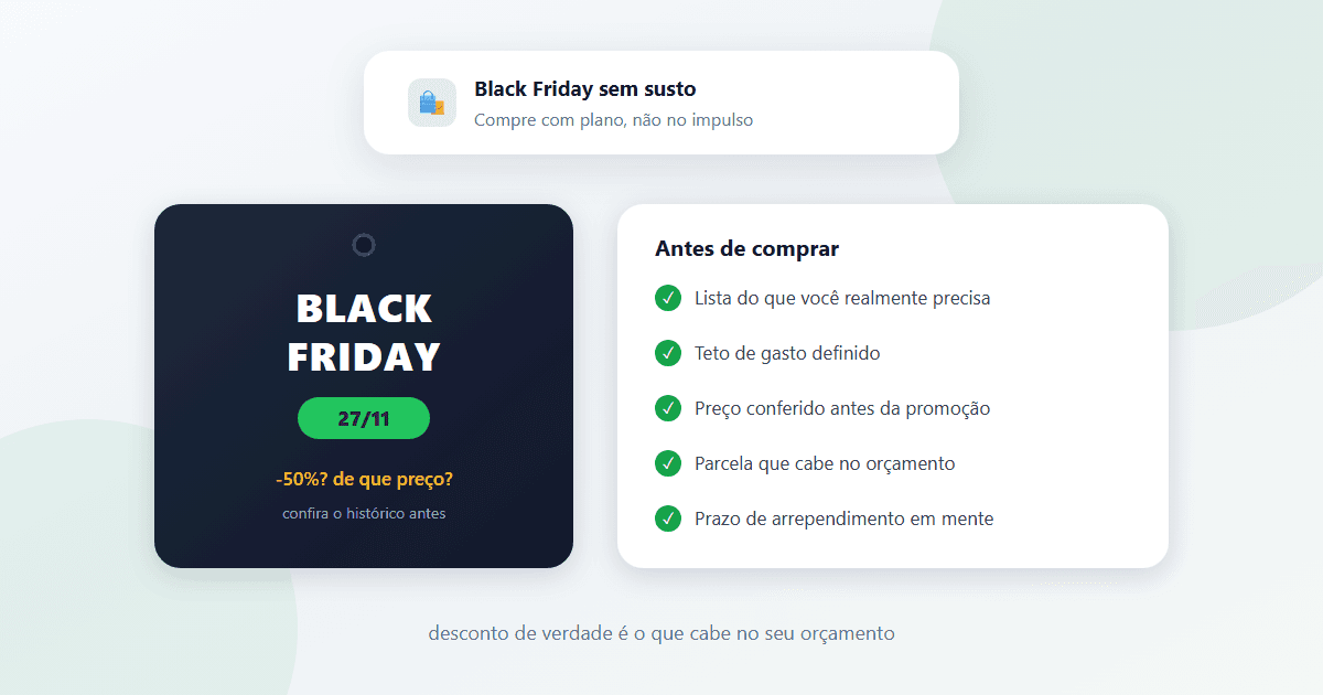 Ilustração de uma etiqueta escura de Black Friday com a data 27/11 ao lado de uma lista de verificação com itens para conferir antes de comprar