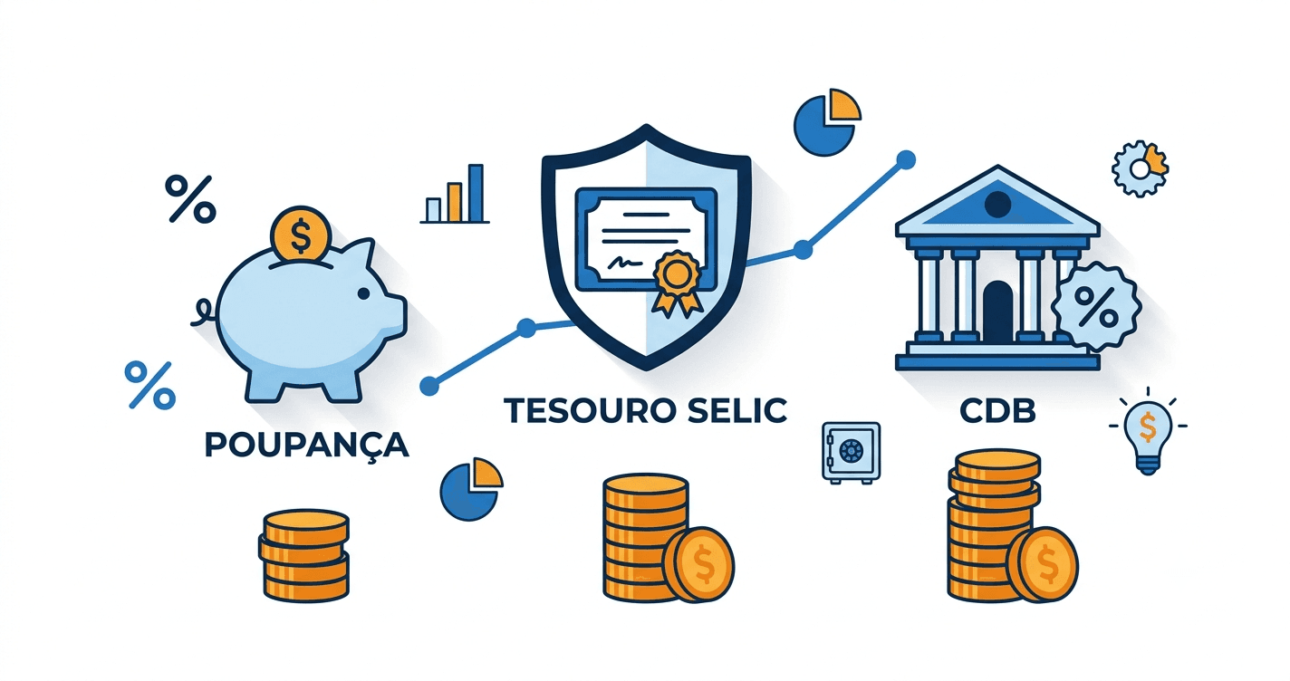 Ilustração moderna comparando três potes de investimento representando CDB, Tesouro Selic e poupança com gráficos de rendimento