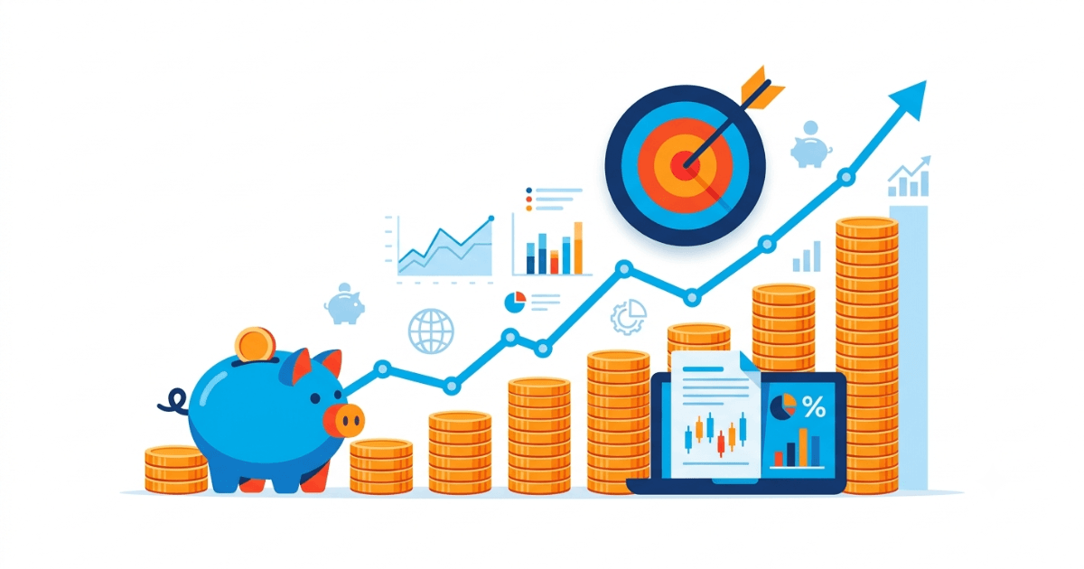 Ilustração moderna representando investimentos para iniciantes com moedas, gráfico de crescimento e metas financeiras