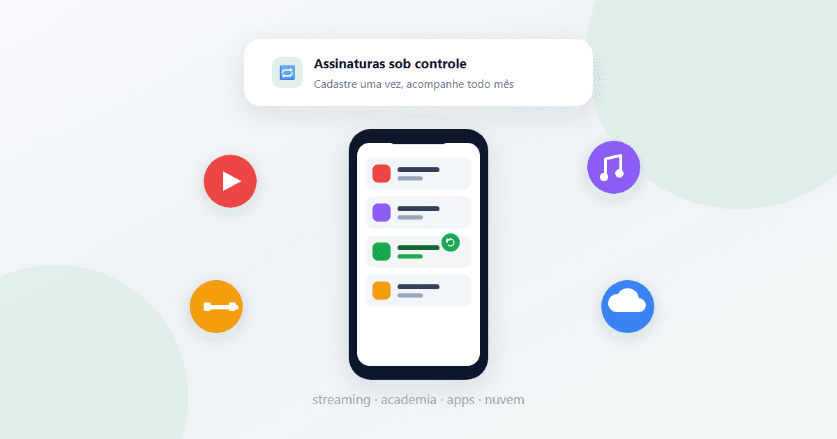 Ilustração de um smartphone com ícones de aplicativos de streaming e assinaturas ao lado de um calendário mensal