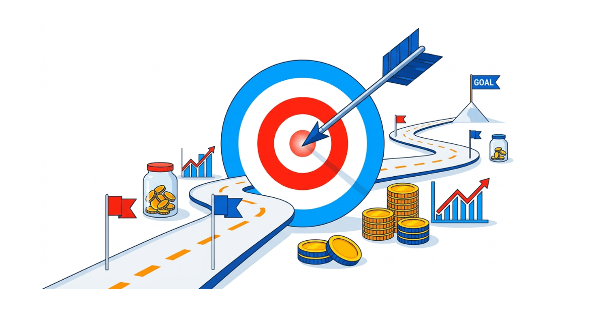 Ilustração de metas financeiras, economia e planejamento