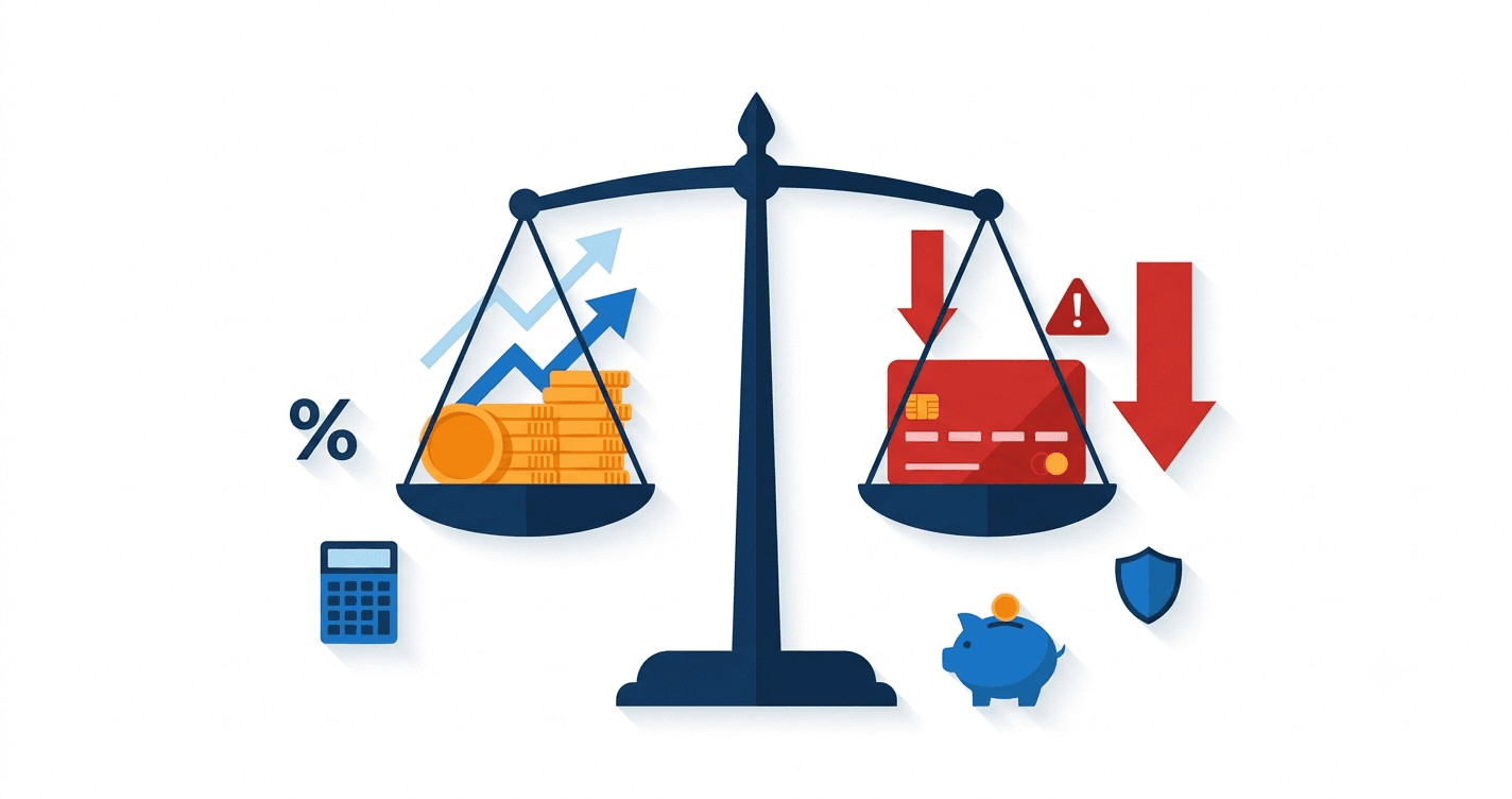 Ilustração moderna de uma balança comparando uma pilha de moedas de investimento e um cartão de crédito representando dívidas
