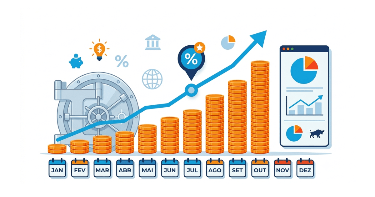 Ilustração moderna mostrando moedas crescendo ao longo do tempo com gráfico de evolução financeira