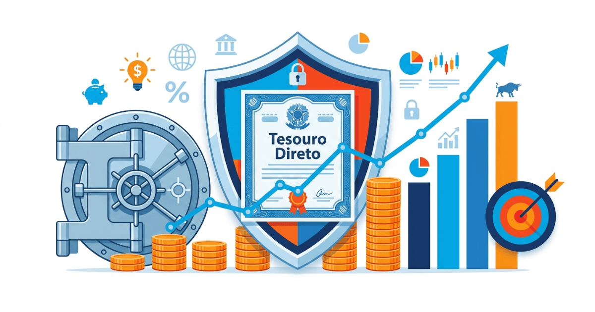Ilustração moderna representando investimento em Tesouro Selic com gráfico de crescimento, moedas e escudo de segurança