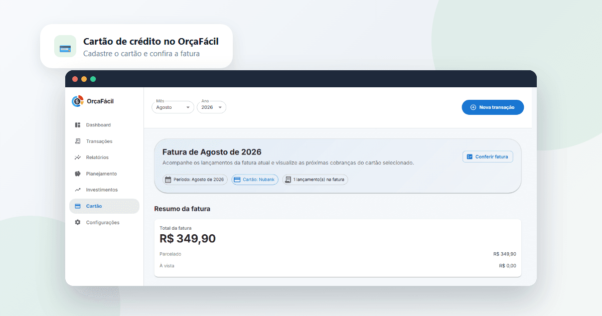 Screenshot da tela de fatura do cartão de crédito no OrçaFácil, dentro de uma janela de navegador estilizada